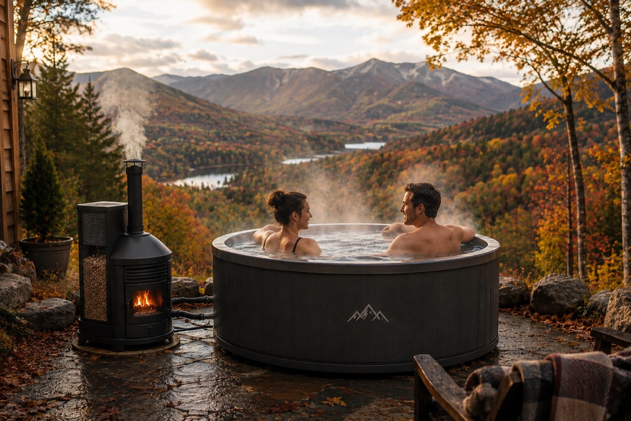 Rowkai pellet hot tub overlooking autumn mountains