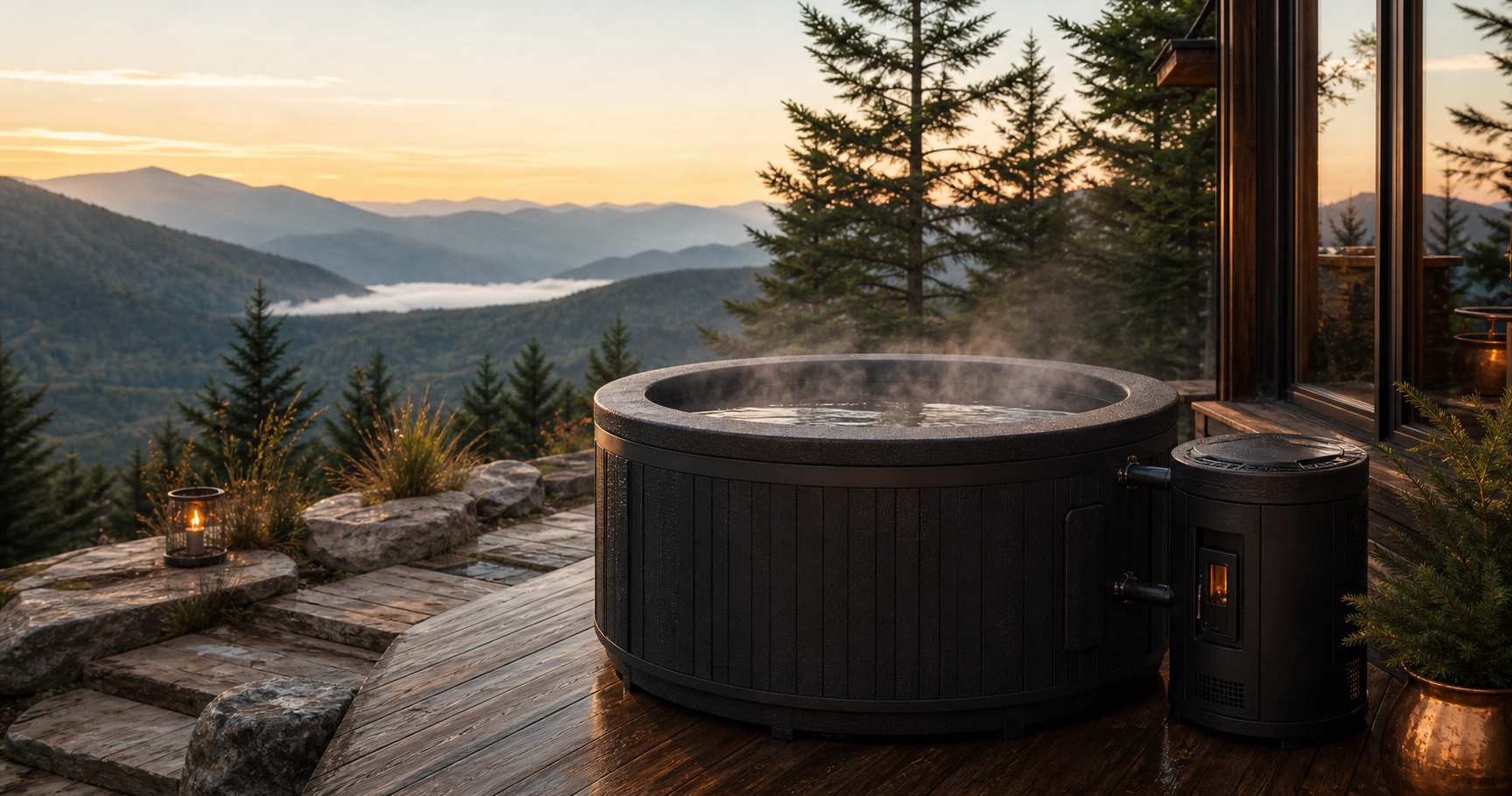 Rowkai outdoor hot tub steaming on a mountain cabin deck
