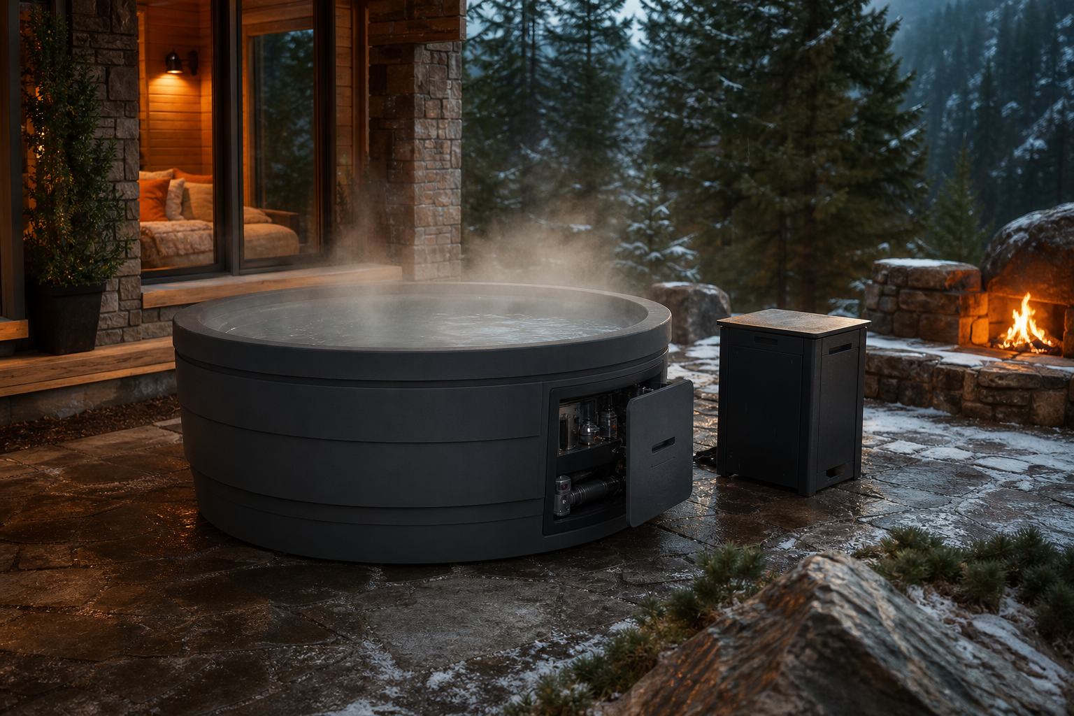 Rowkai outdoor hot tub steaming beside a cabin in winter